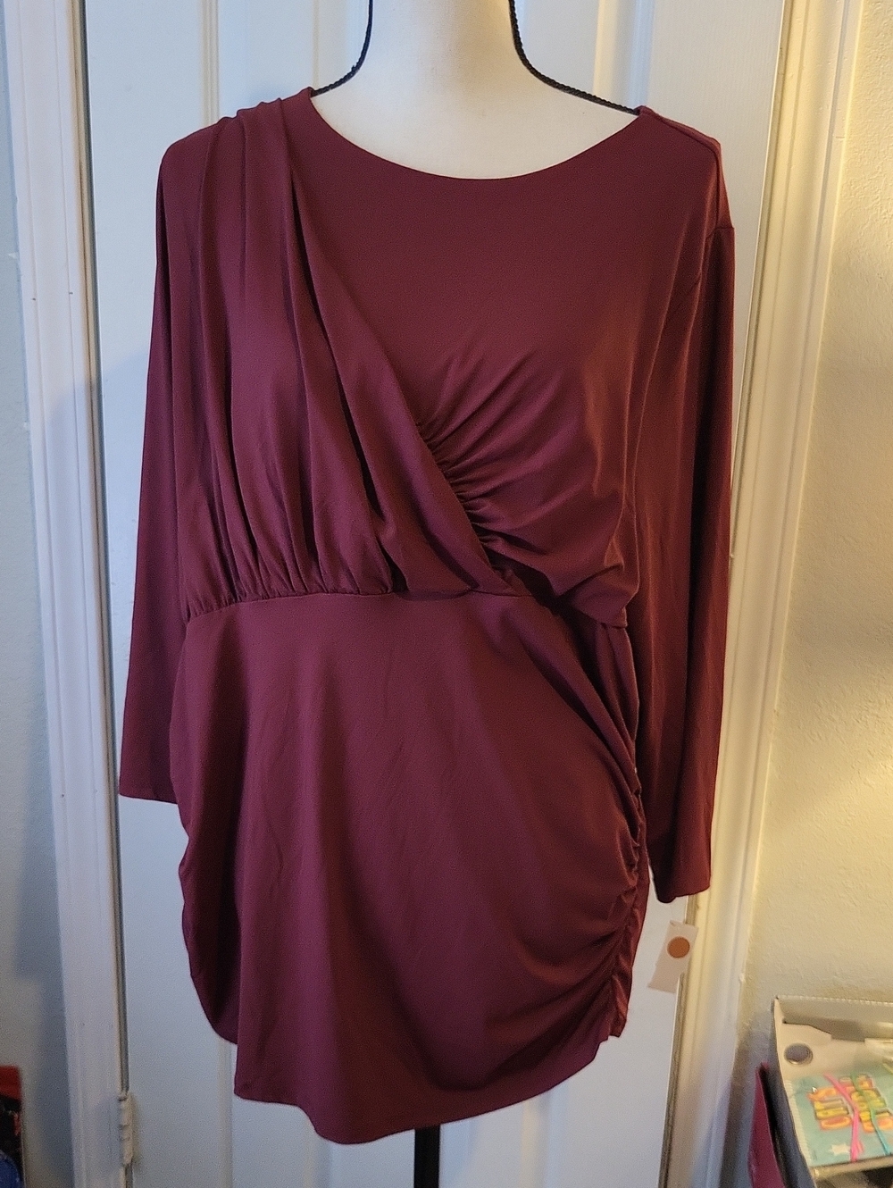 Cable & Gauge Draped Long-Sleeve Blouse in Wine